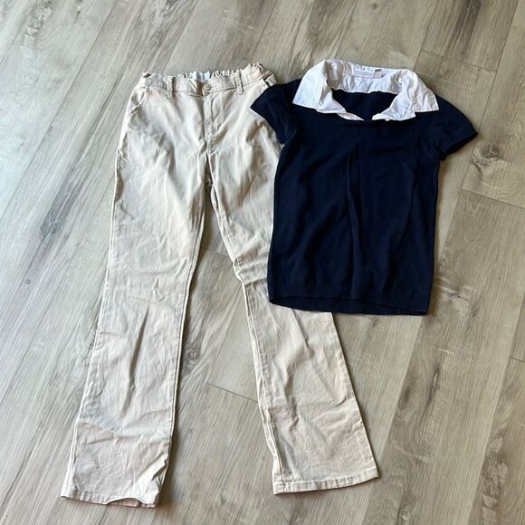 PLACE Children’s Place Khaki Uniform Pants & Navy Blue Collared Top Size XL 14 - Picture 1 of 8